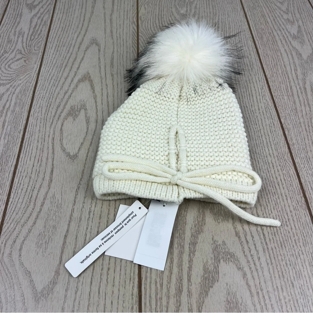 Kyi Kyi Knitted Faux Fur Pom Pom Hat OS Ivory Black Tip $65 - Picture 2 of 3